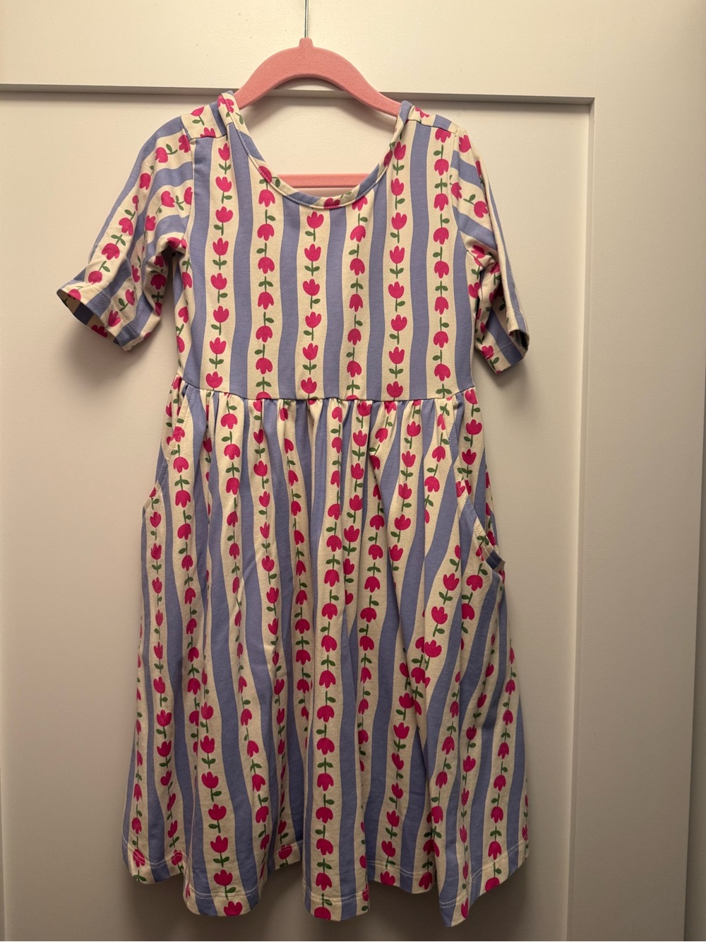 Hanna Andersson Girls Size 6/7 Blue Pink Tulip Stripe Skater Pocket Dress